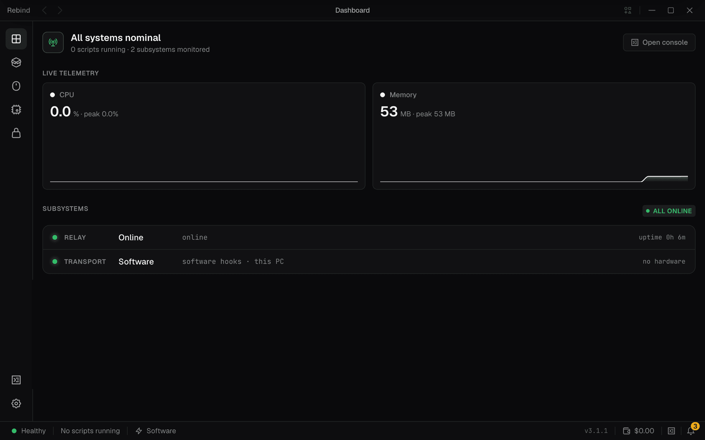 The Rebind dashboard — live CPU and memory telemetry with subsystem status