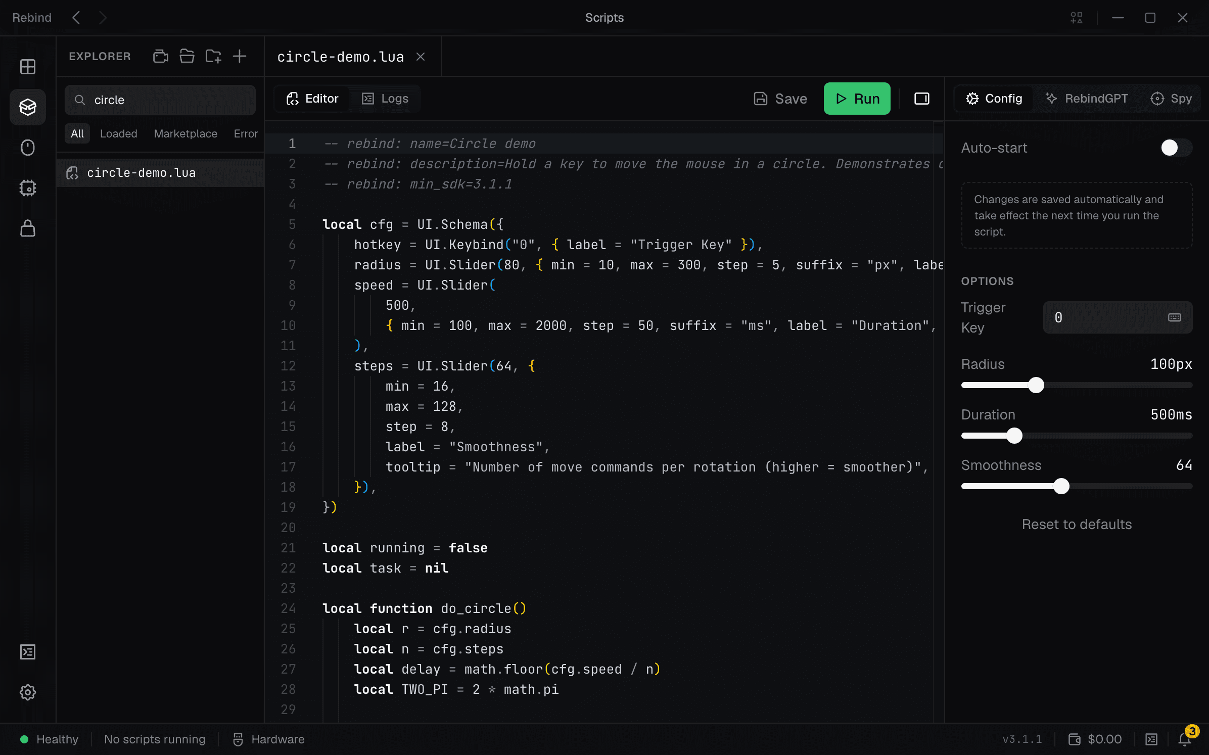 The Rebind script editor — Luau code with an auto-generated config panel of sliders and toggles