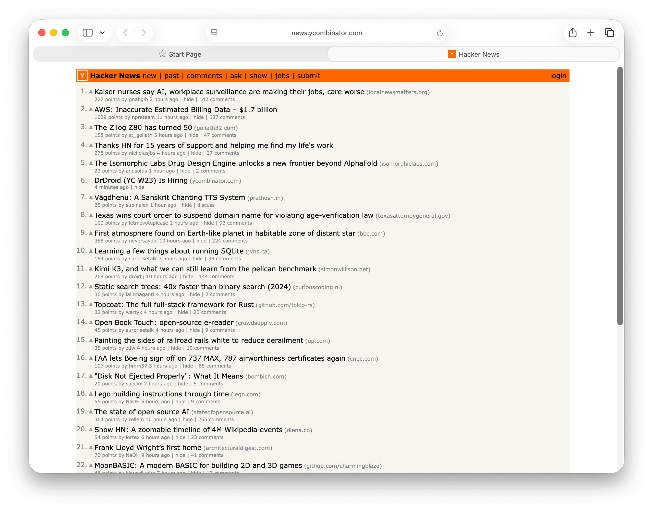 Safari on the Hacker News front page, opened and navigated by the agent through Rebind