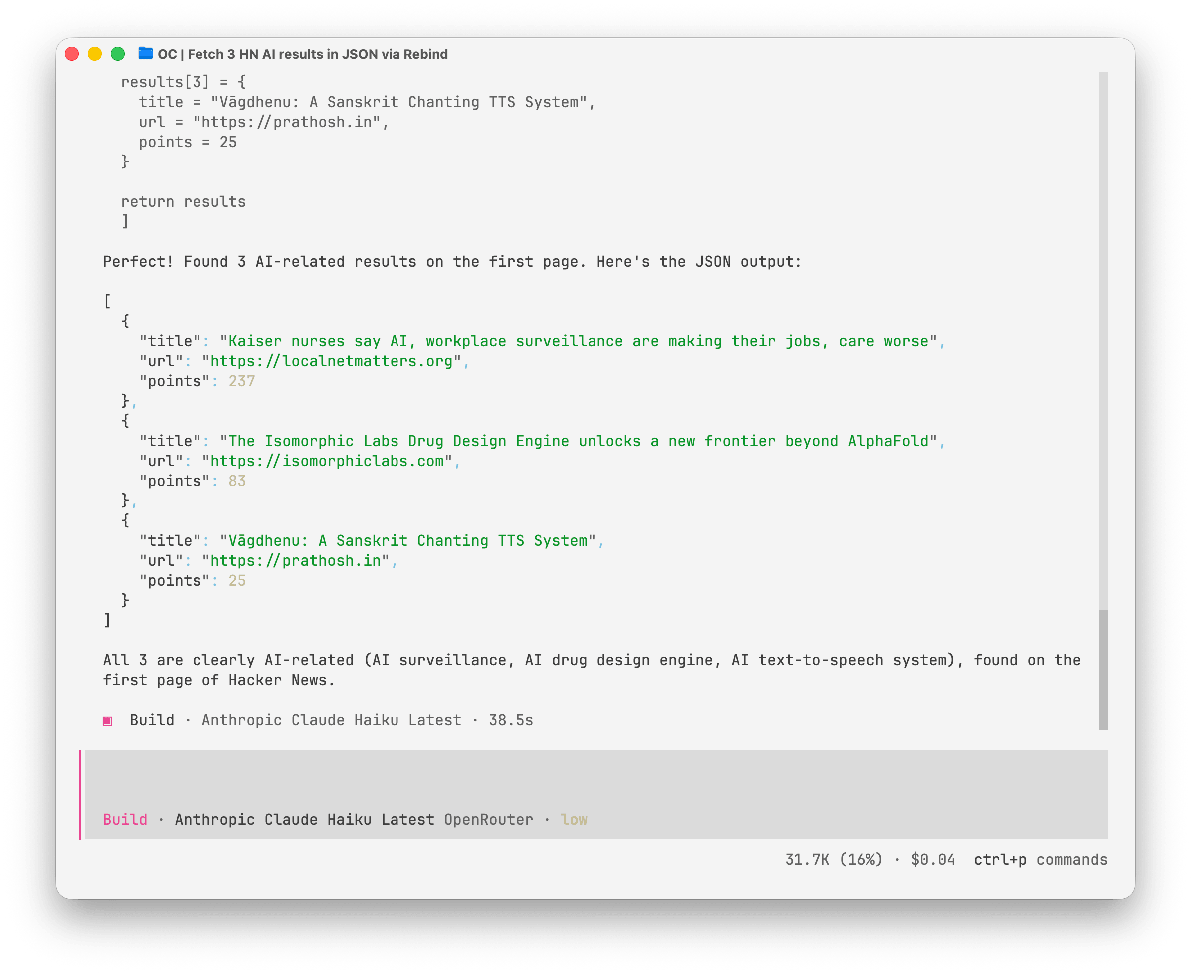 The finished JSON output: three AI-related Hacker News stories with title, url, and points fields