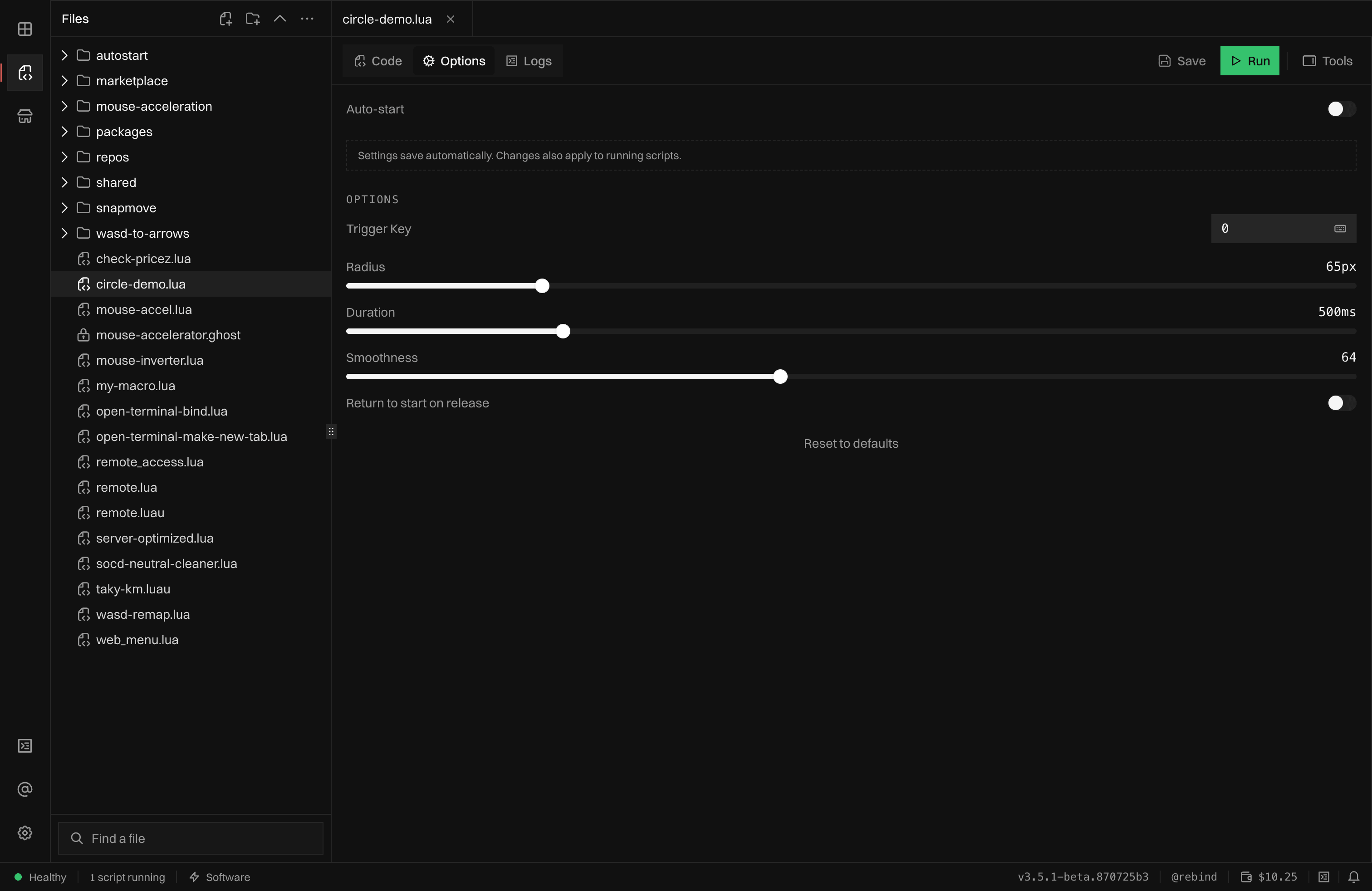 The Options tab for a script showing a trigger keybind, radius, duration, and smoothness sliders, a return-on-release toggle, and an auto-start toggle