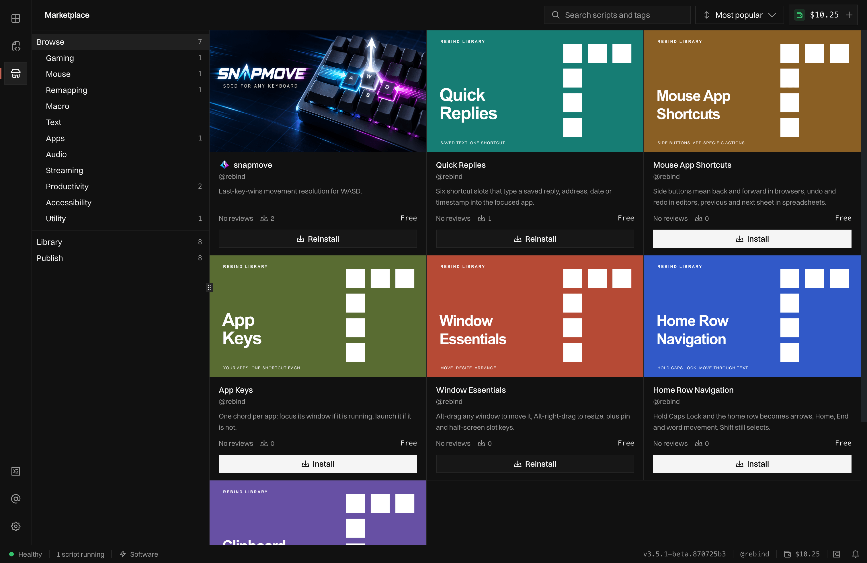 The Marketplace view with a category list, Library and Publish sections, a search box, a sort menu, and a grid of listings with Install and Reinstall buttons