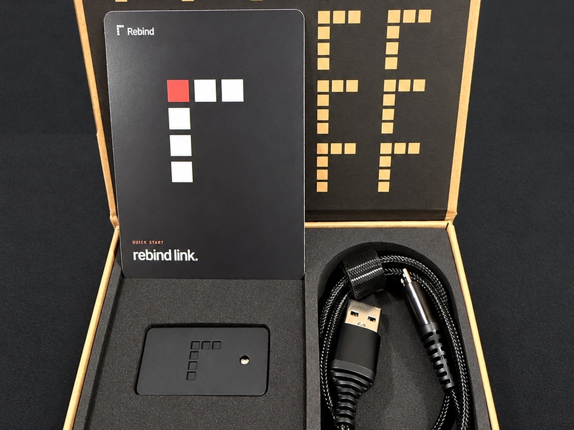 Photo of an open Rebind Link box: the Quick Start card, Rebind Link in its foam pocket, and the coiled braided cable