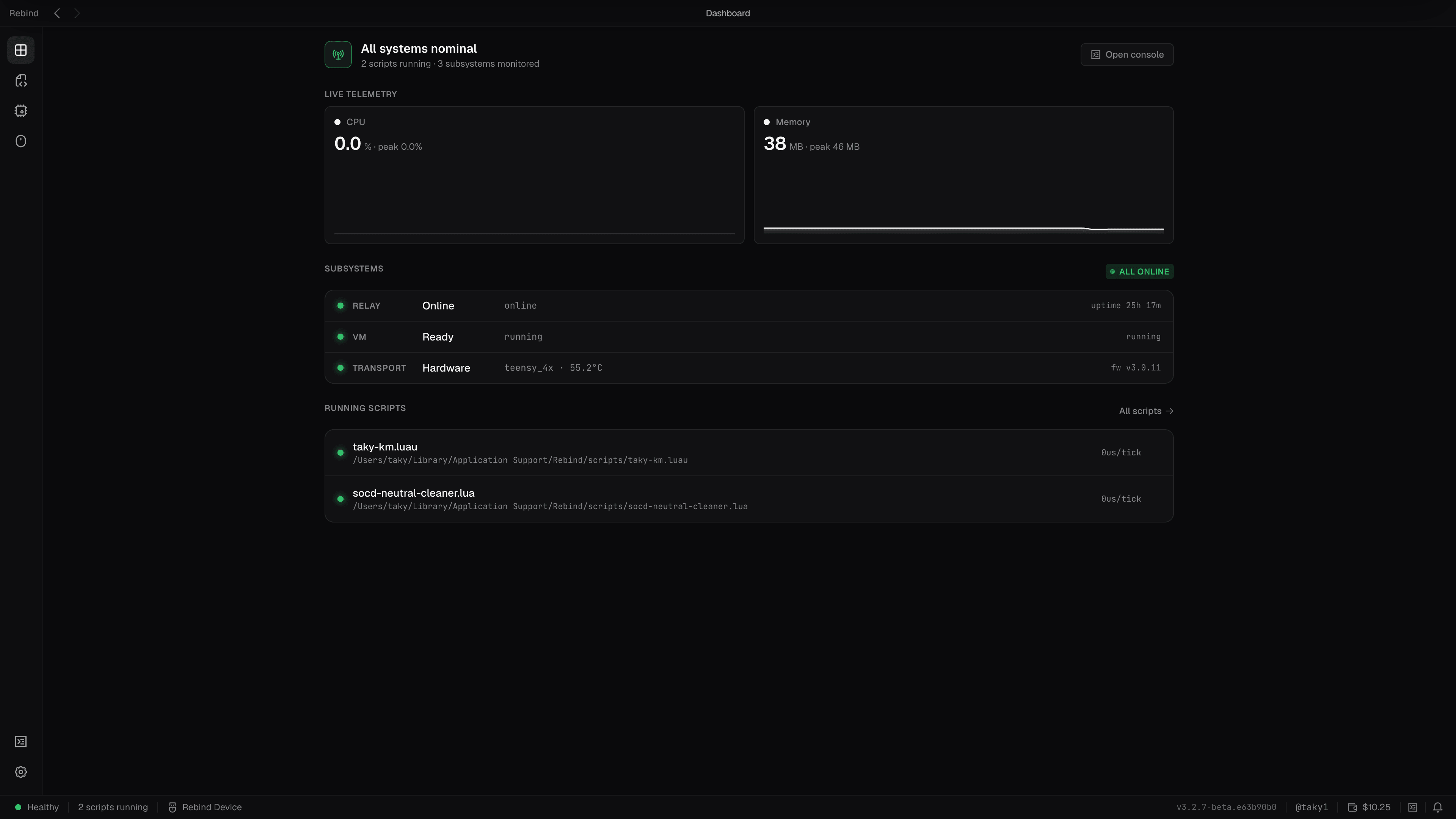 The Rebind dashboard: live CPU and memory telemetry, subsystem status, and hardware transport