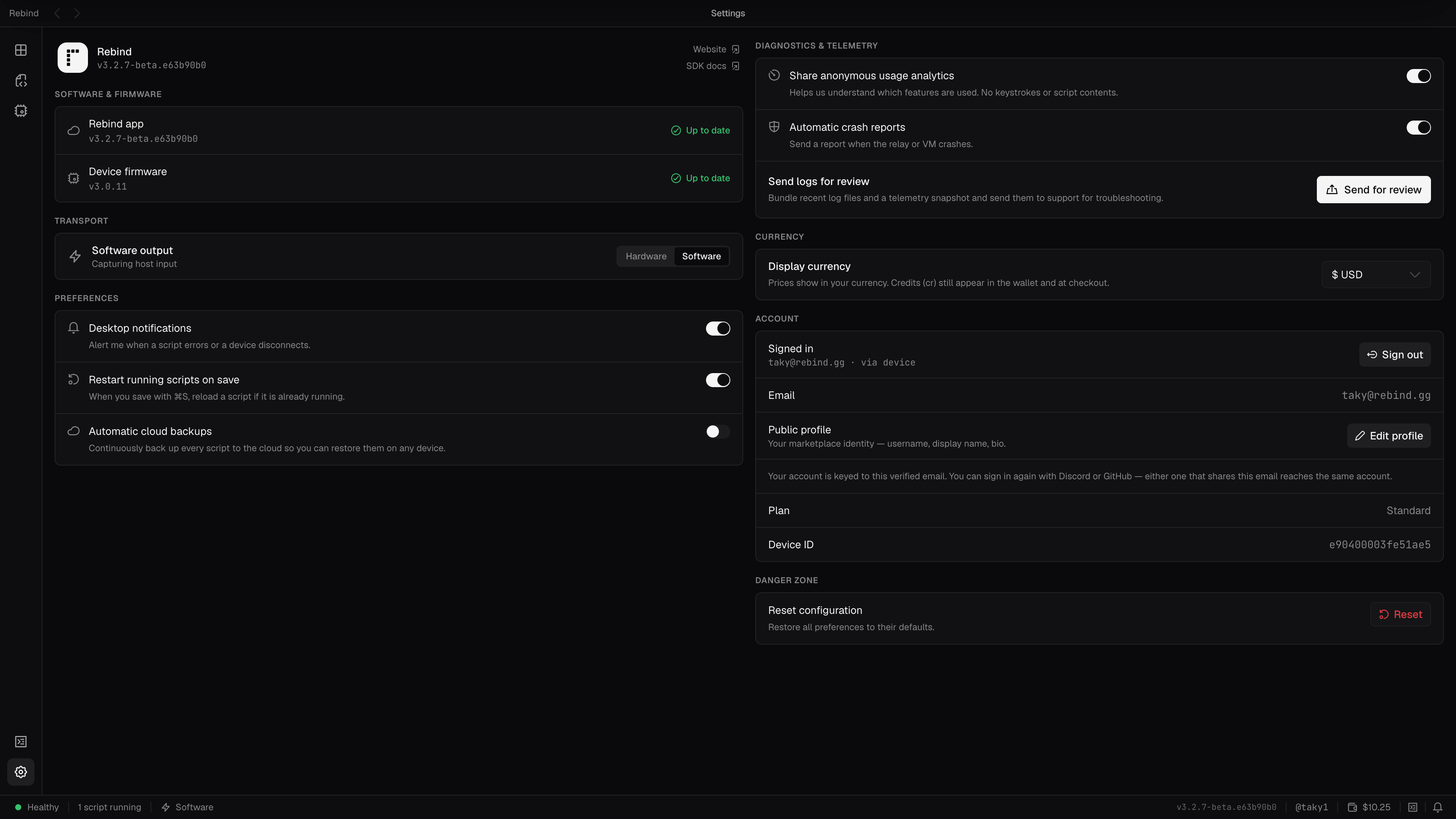 Rebind settings: transport, preferences, diagnostics, and account