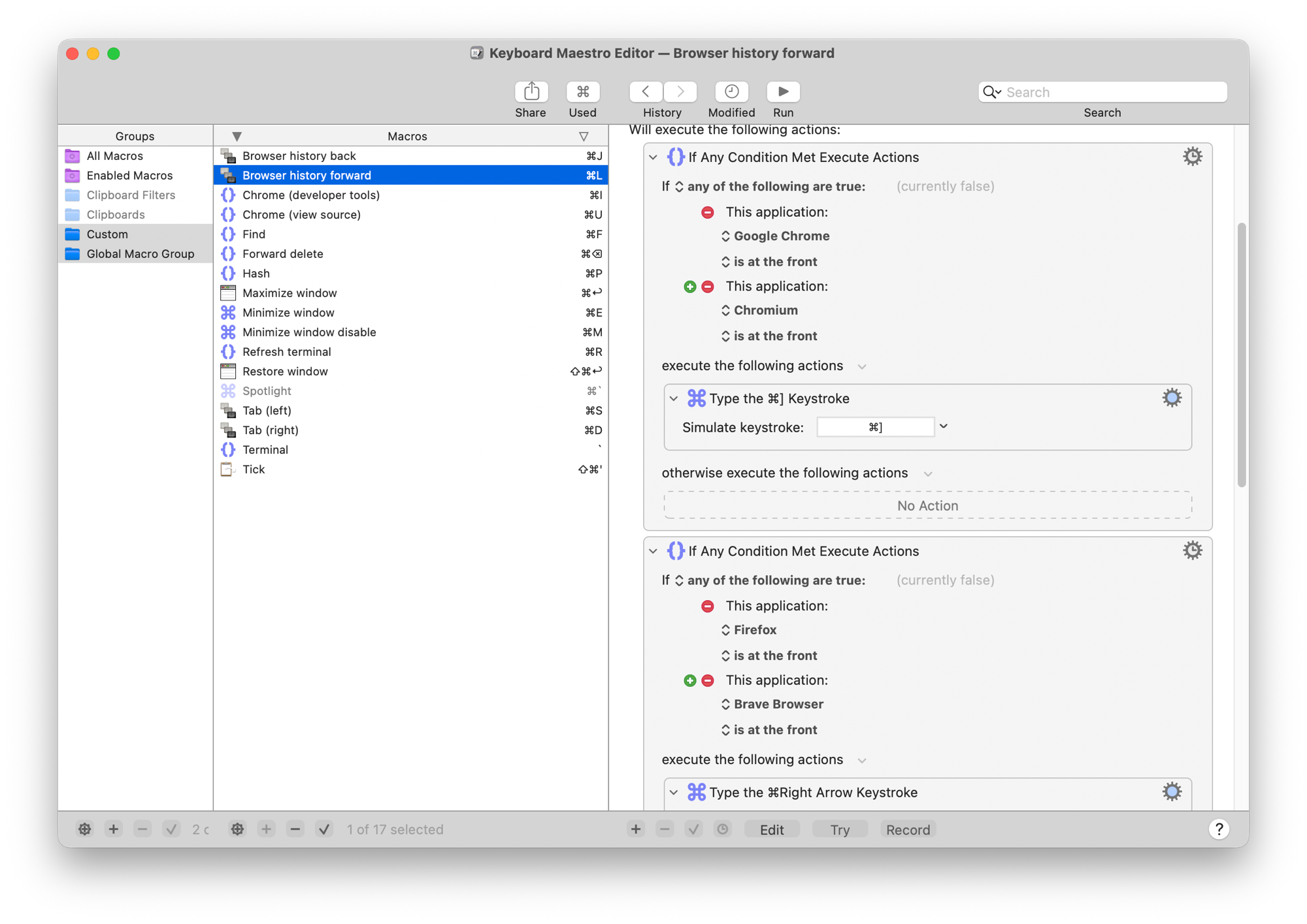 The old setup: one of seventeen macros — two condition blocks and four app dropdowns just to remap ⌘L per browser family.